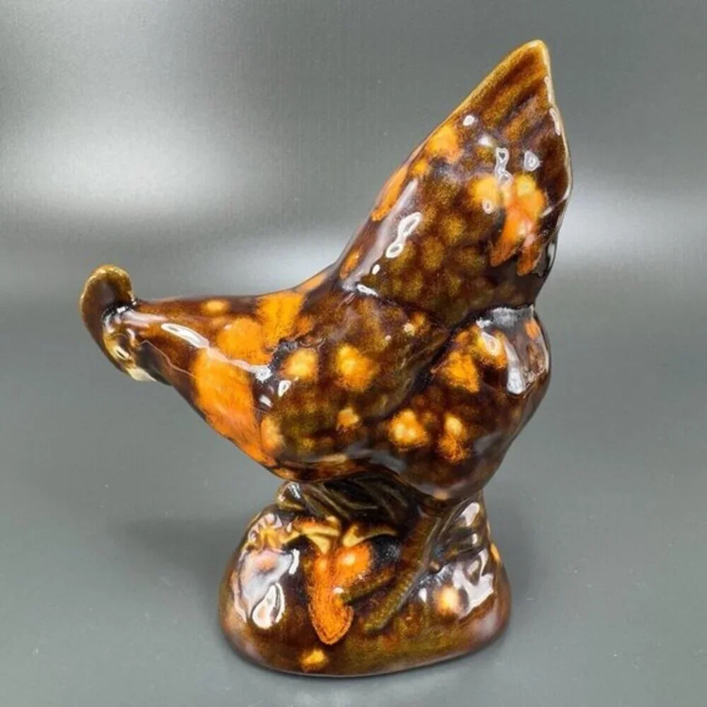 Vintage 1980s Folk Art Hand Glazed Chicken Hen Figurine Decorative Ceramic Decor